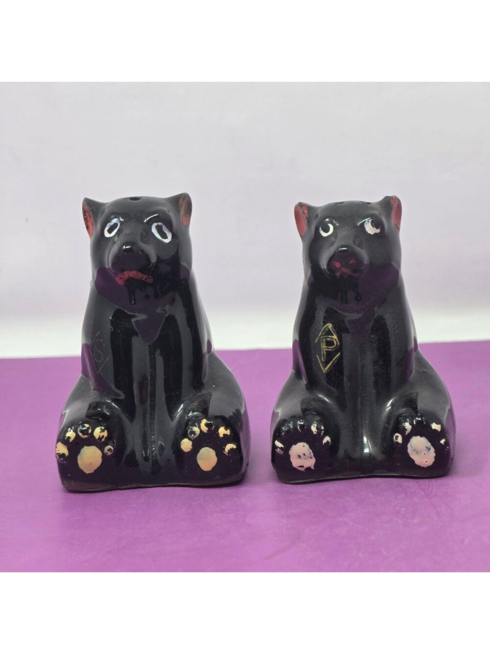 Vintage Black Bear Ceramic Salt&Pepper Shakers Japan Hand-Painted Retro Kitchen